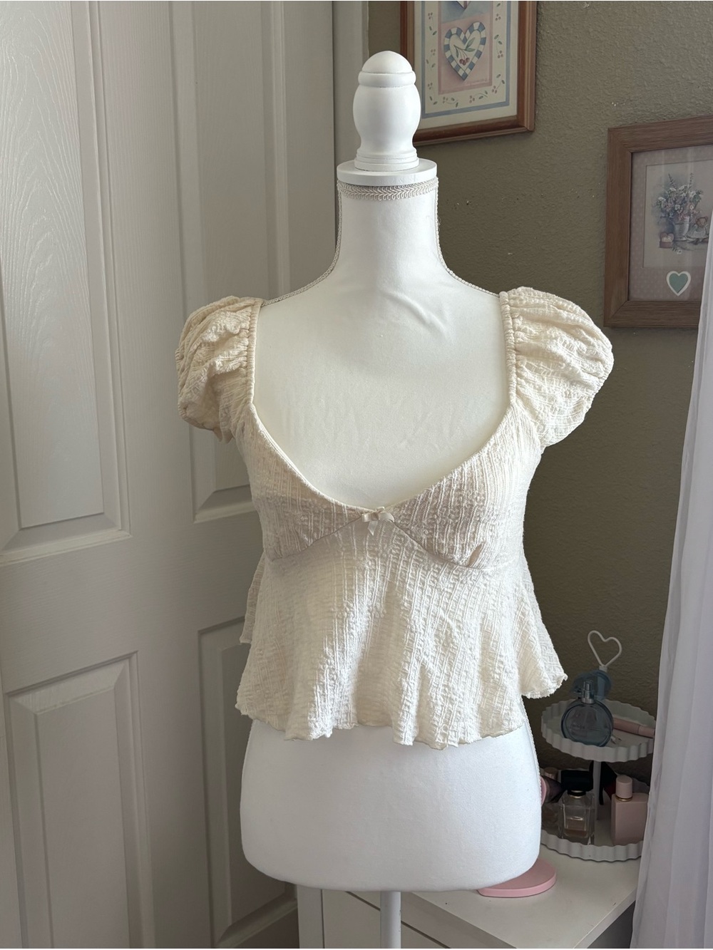 Heart Hips Cream Puff-Sleeve Smocked Peplum Crop Top